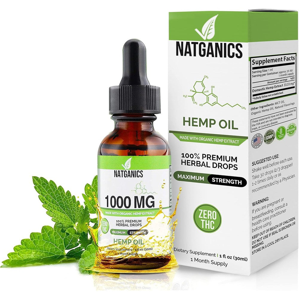 Natganics Organic Hemp Oil Drops 1000mg front bottle view