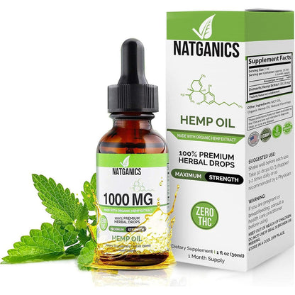 Natganics Organic Hemp Oil Drops 1000mg front bottle view