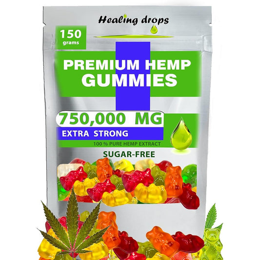 Healing Drops Hemp Gummies 750000mg front view supplement jar