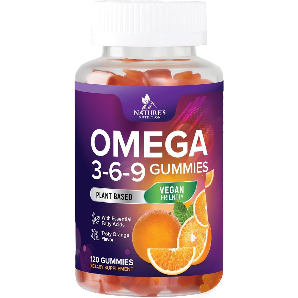Natures Nutrition Triple Strength Vegan Omega 3 6 9 Gummies front bottle view