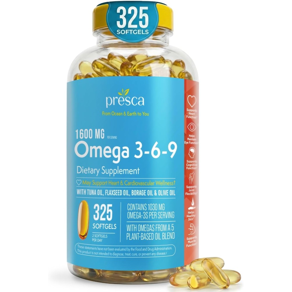 Presca Omega 3-6-9 dietary supplement bottle front view
