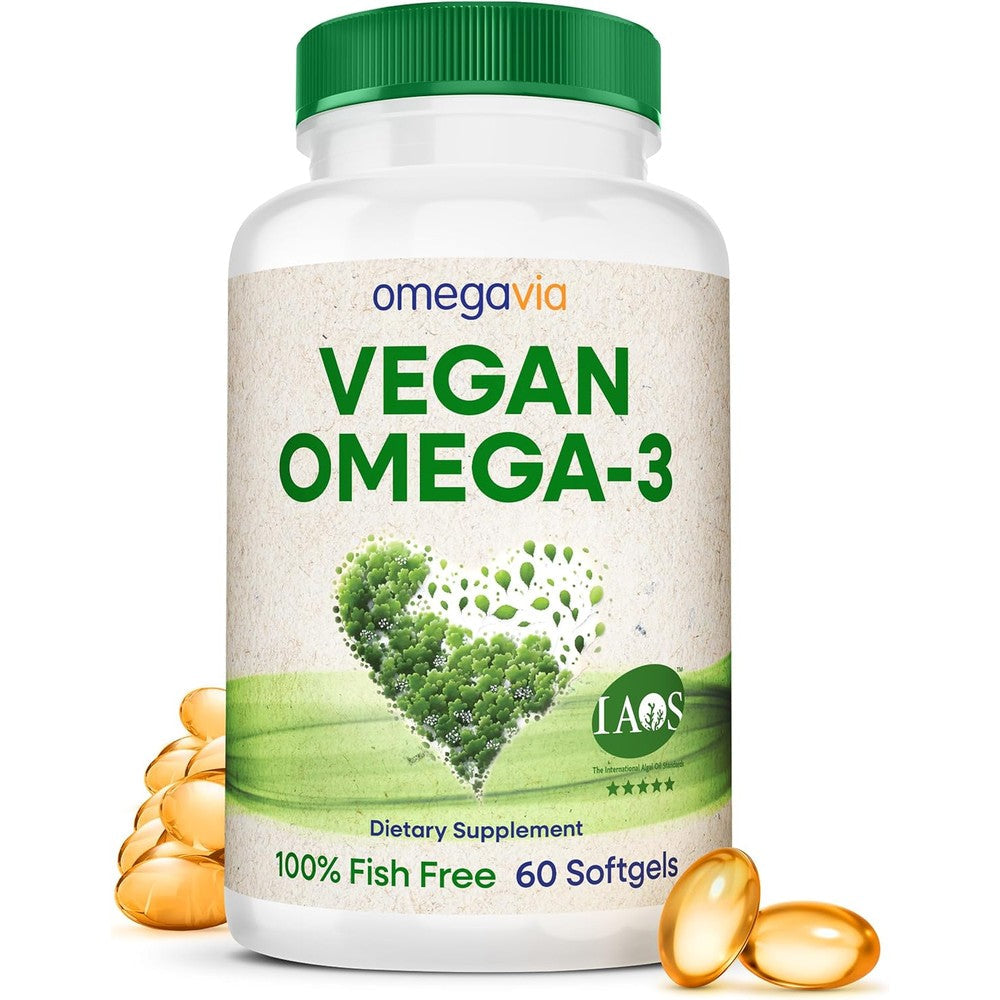 OmegaVia Vegan Omega 3 Algae Oil supplement bottle front view