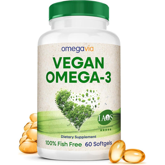 OmegaVia Vegan Omega 3 Algae Oil supplement bottle front view