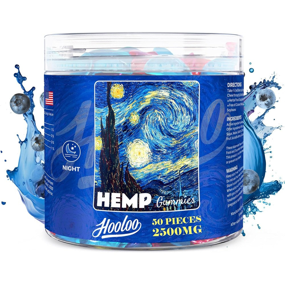 Hooloo Hemp Gummies Extra Strength Blueberry Grape 50 Count front bottle view