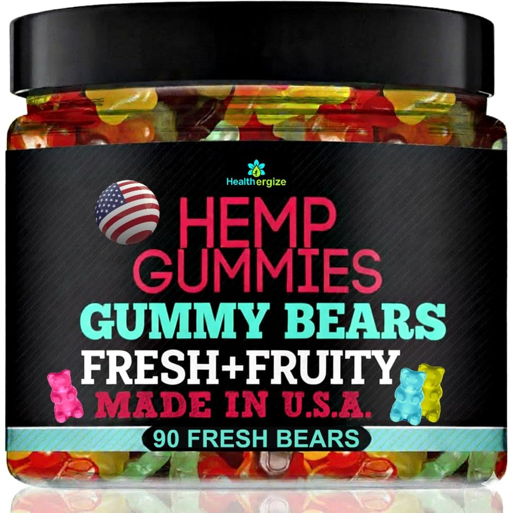 Healthergize Hemp 90 Bear Gummies front view jar