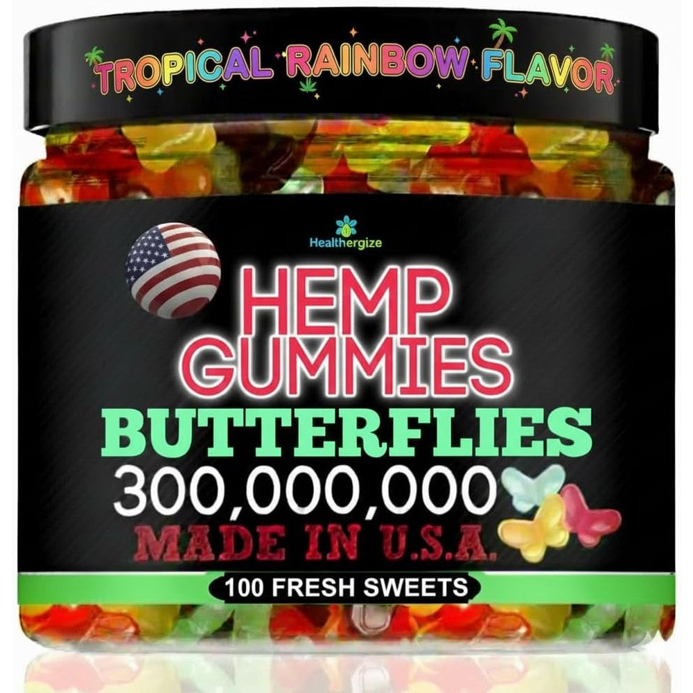 Healthergize Hemp Gummies tropical rainbow butterflies front view
