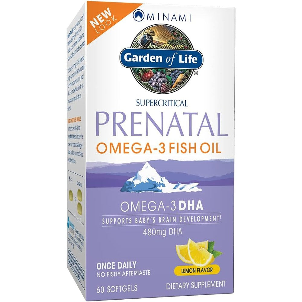 Garden of Life Minami Prenatal Omega 3 Fish Oil front package view with lemon flavor highlight