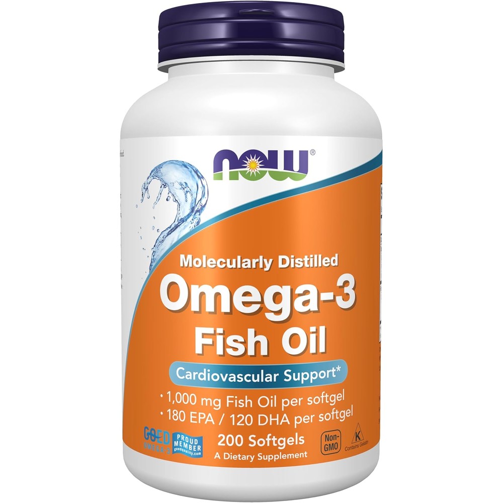 NOW Foods Omega 3 Fish Oil 1000 mg 200 softgels bottle front view highlighting cardiovascular support benefits