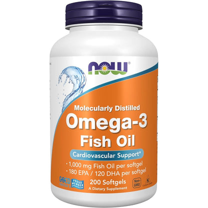 NOW Foods Omega 3 Fish Oil 1000 mg 200 softgels bottle front view highlighting cardiovascular support benefits