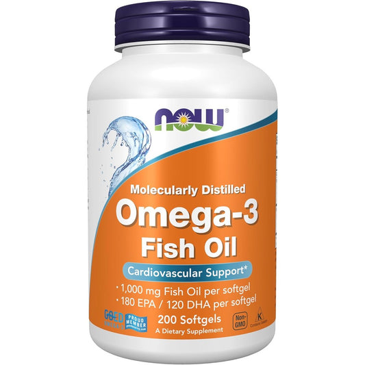 NOW Foods Omega 3 Fish Oil 1000 mg 200 softgels bottle front view highlighting cardiovascular support benefits