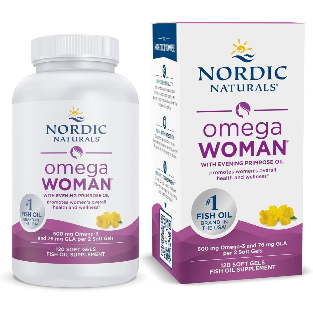 Nordic Naturals Omega Woman 120 softgels front view bottle showing premium fish oil supplement for women.