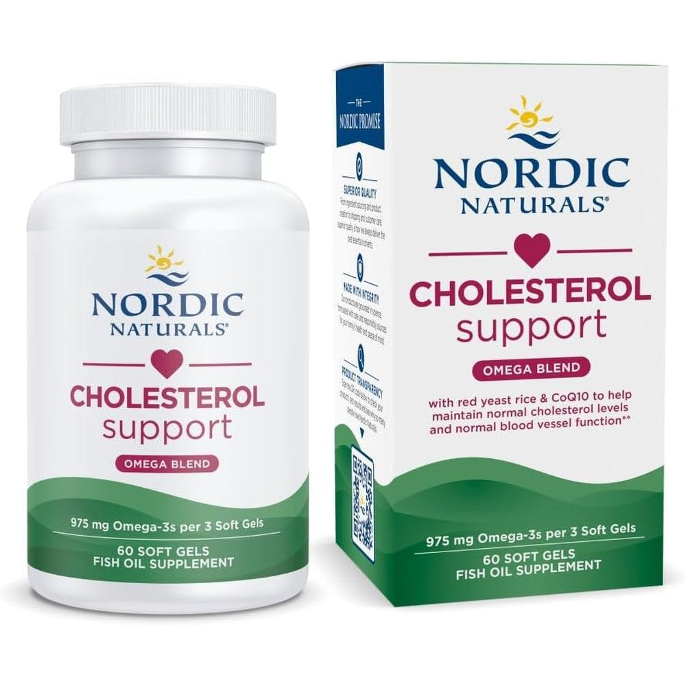 Nordic Naturals Cholesterol Support bottle and box front view with lemon graphic