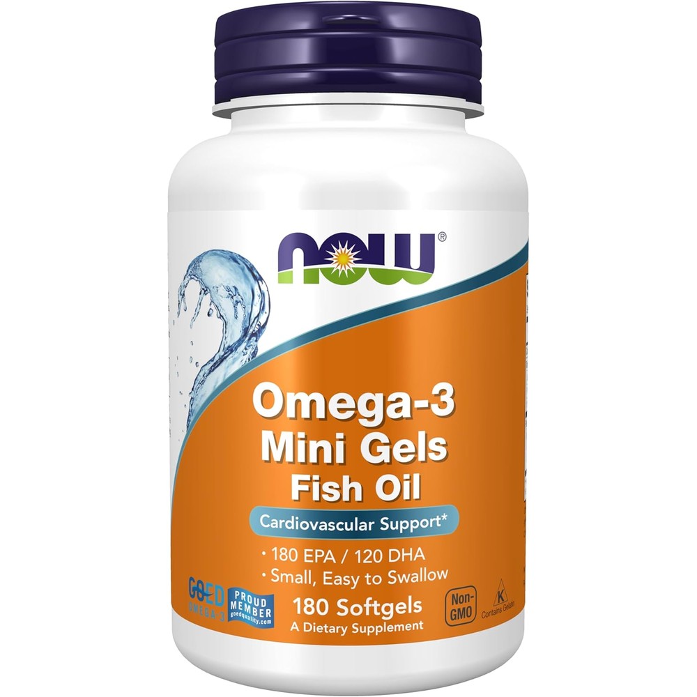 NOW Foods Omega 3 Mini Gels 180 Softgels bottle front view showing product label details.