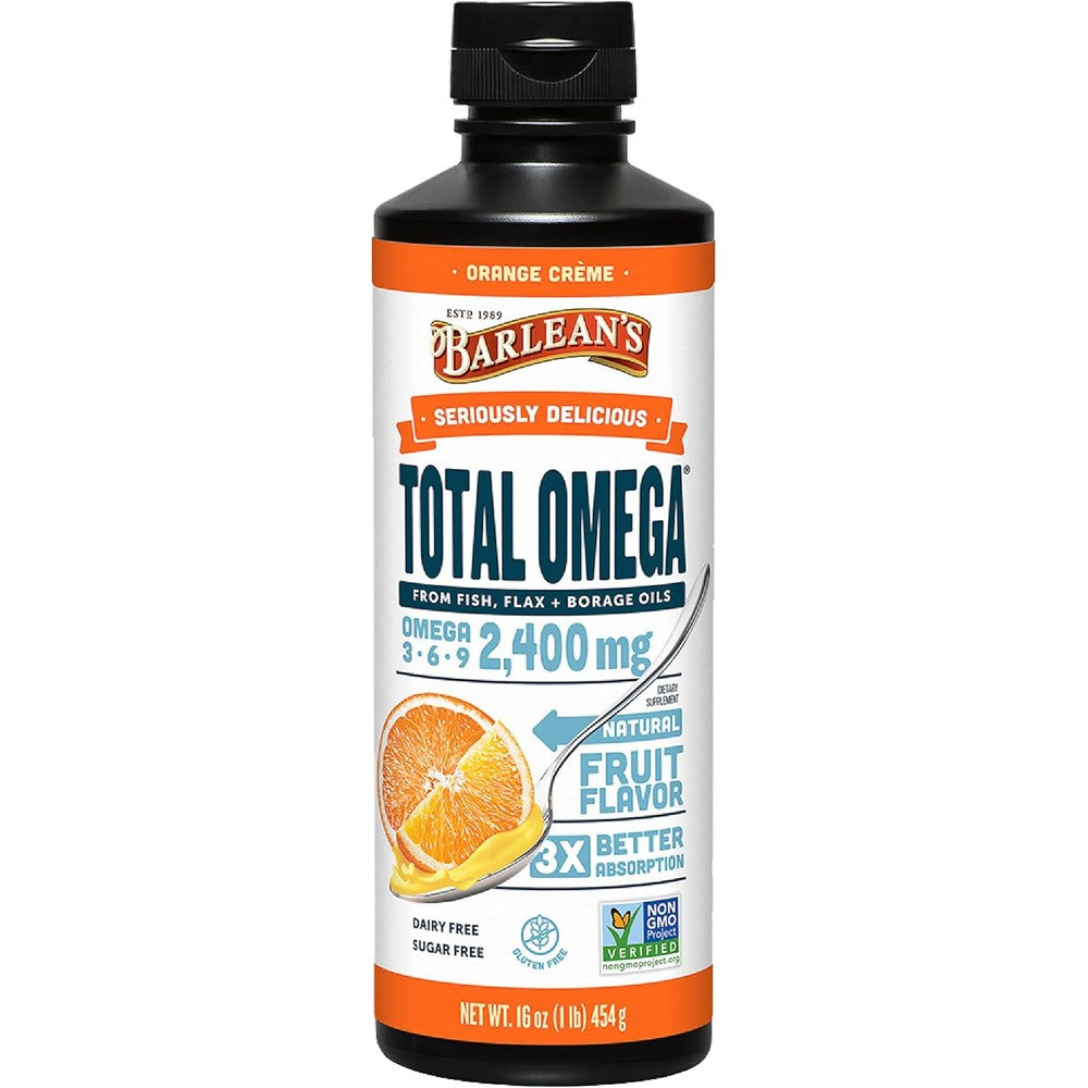 Barleans Total Omega 3 6 9 Liquid Fish Oil 16 Ounce bottle front view showing orange cream flavor details