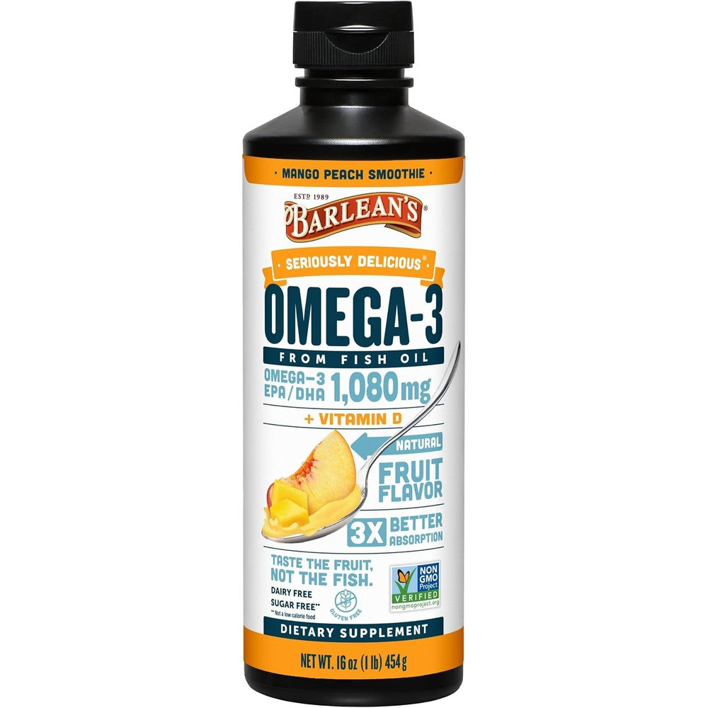 Barlean's Seriously Delicious Omega 3 Fish Oil Mango Peach 16 Ounces front bottle view