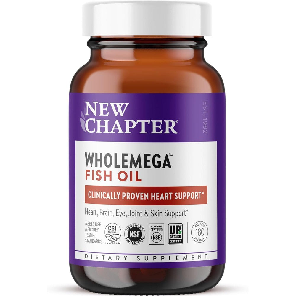 New Chapter Wholemega Wild Alaskan Salmon Oil front bottle view showing one hundred eighty softgels packaging
