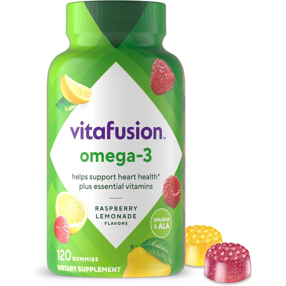 Vitafusion Omega 3 Heart Health 120 Gummies front view showcasing berry lemonade flavor.