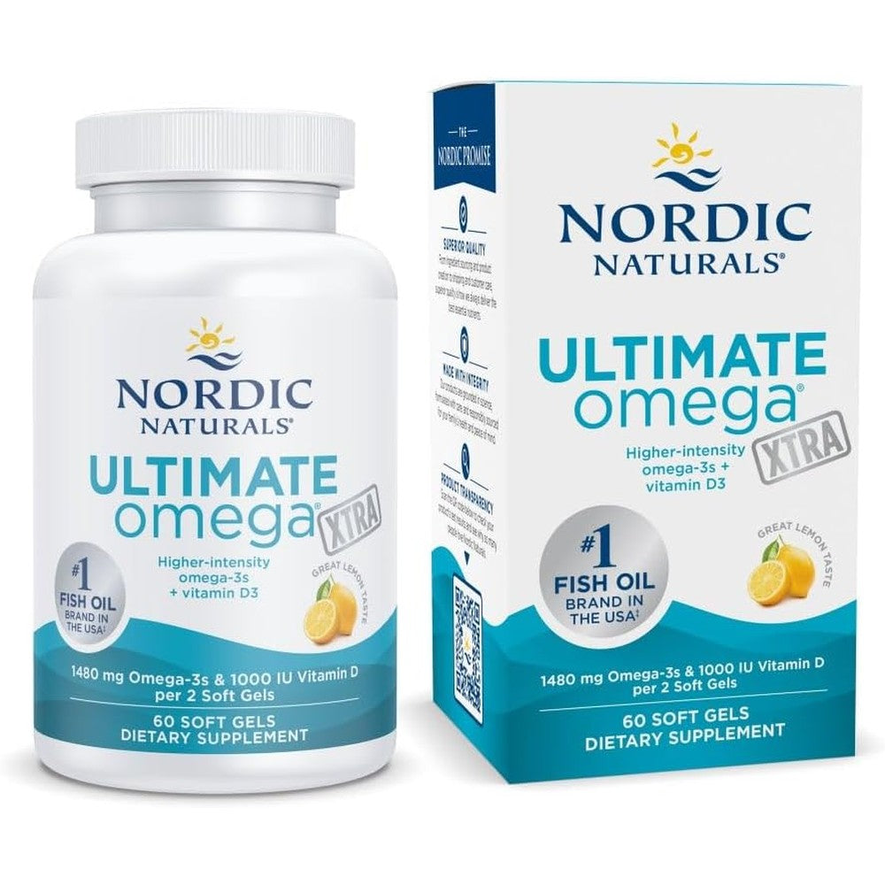 Nordic Naturals Ultimate Omega Xtra 60 Softgels front bottle view showing high potency fish oil supplement details.