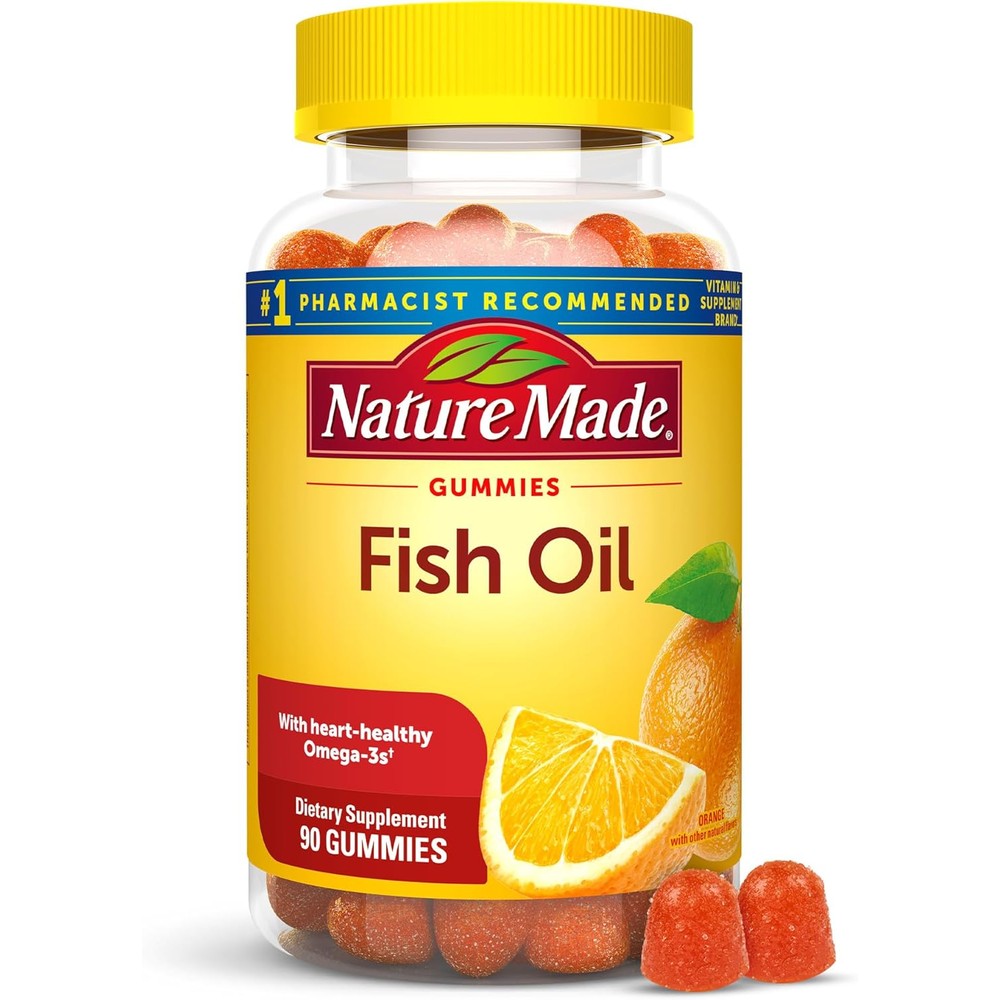 Nature Made Fish Oil Omega 3 Gummies 90 Count bottle front view showing orange flavor heart health supplement
