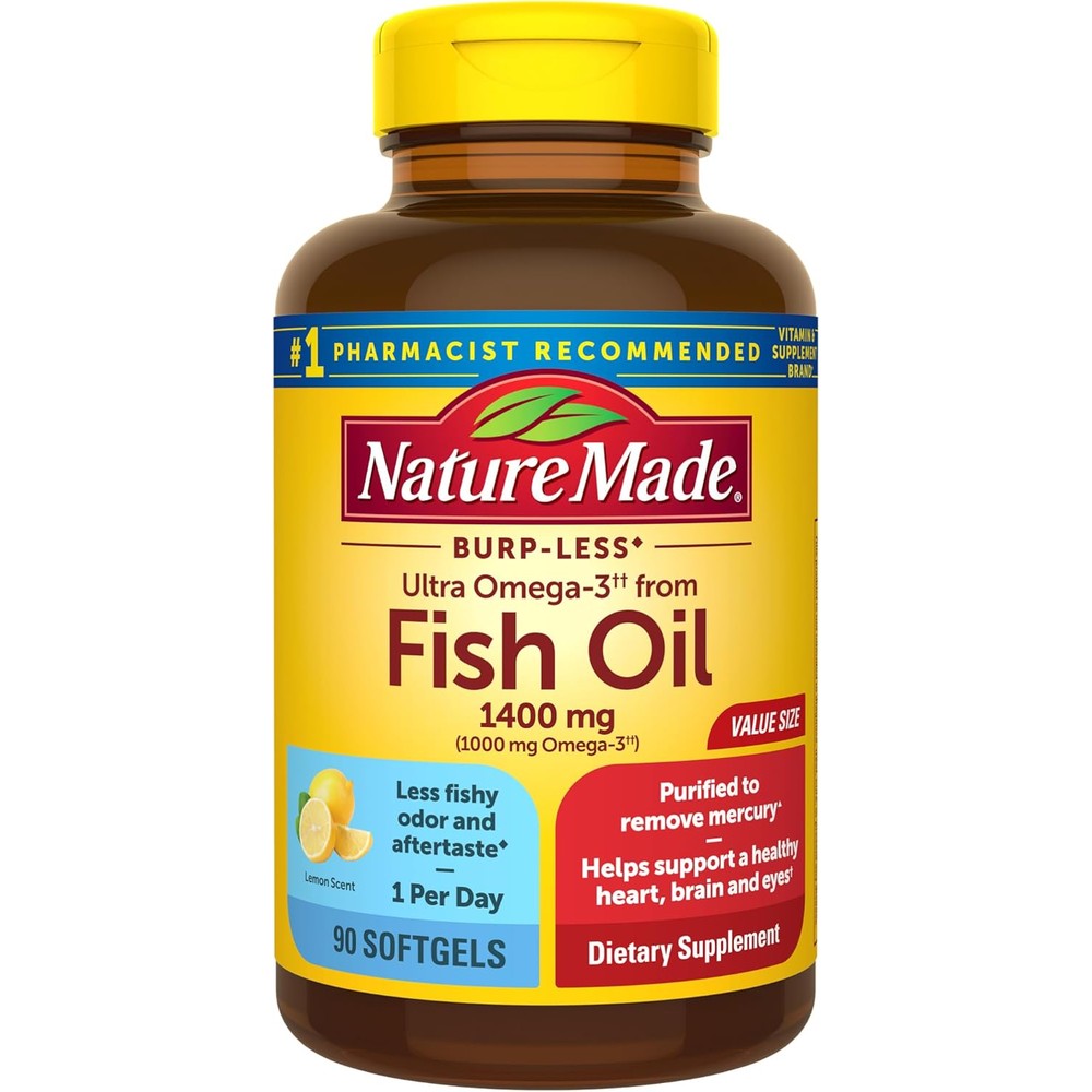 Nature Made Burp Less Ultra Omega 3 Fish Oil 1400 mg 90 Softgels front bottle view high potency supplement