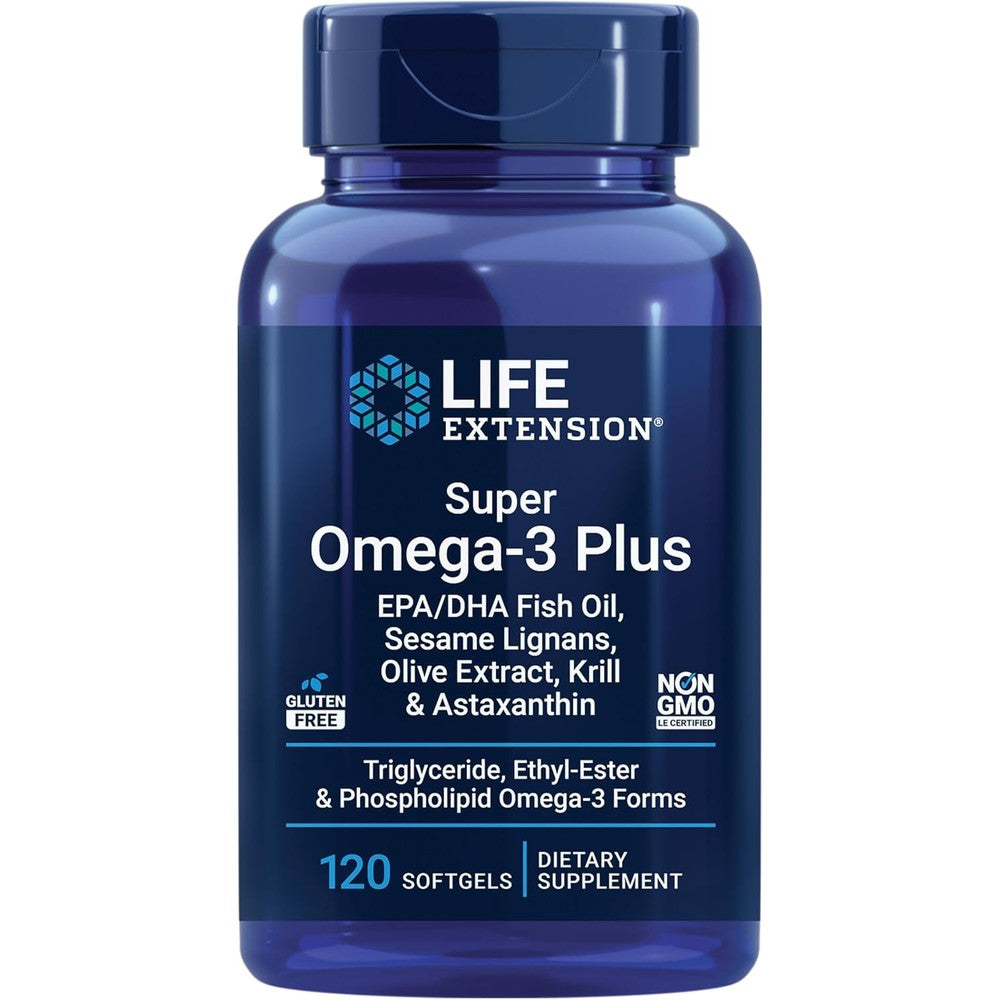 Life Extension Super Omega 3 Plus 120 softgels front bottle view for heart and brain health
