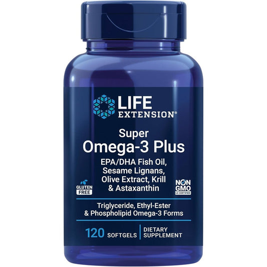 Life Extension Super Omega 3 Plus 120 softgels front bottle view for heart and brain health