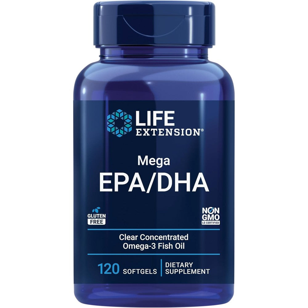 Life Extension Mega EPA DHA 120 Softgels blue bottle front view showcasing concentrated omega 3 fish oil for heart health.