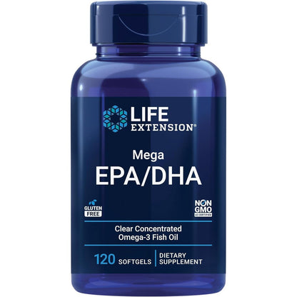 Life Extension Mega EPA DHA 120 Softgels blue bottle front view showcasing concentrated omega 3 fish oil for heart health.