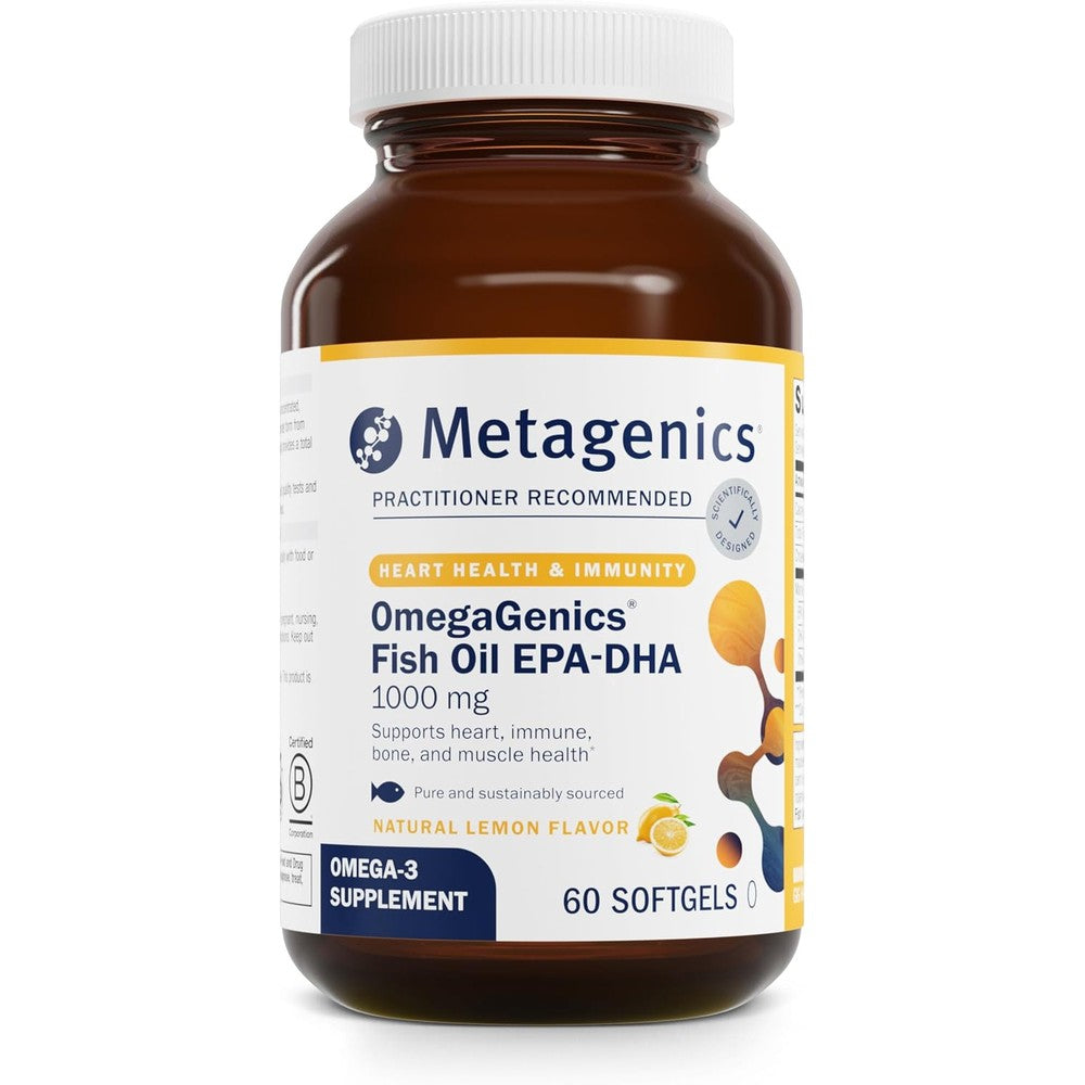Metagenics OmegaGenics EPA DHA 1000 mg front view bottle for high potency omega 3 supplementation.