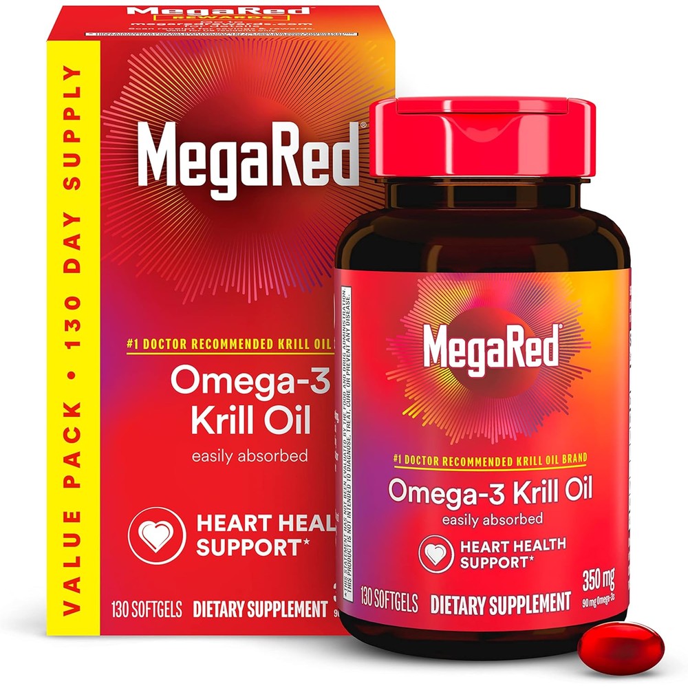 MegaRed Omega 3 Krill Oil 350mg bottle front view for premium heart health support supplements