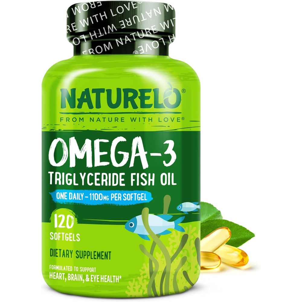 NATURELO Burpless Omega 3 Fish Oil 1100mg front view premium dietary supplement bottle
