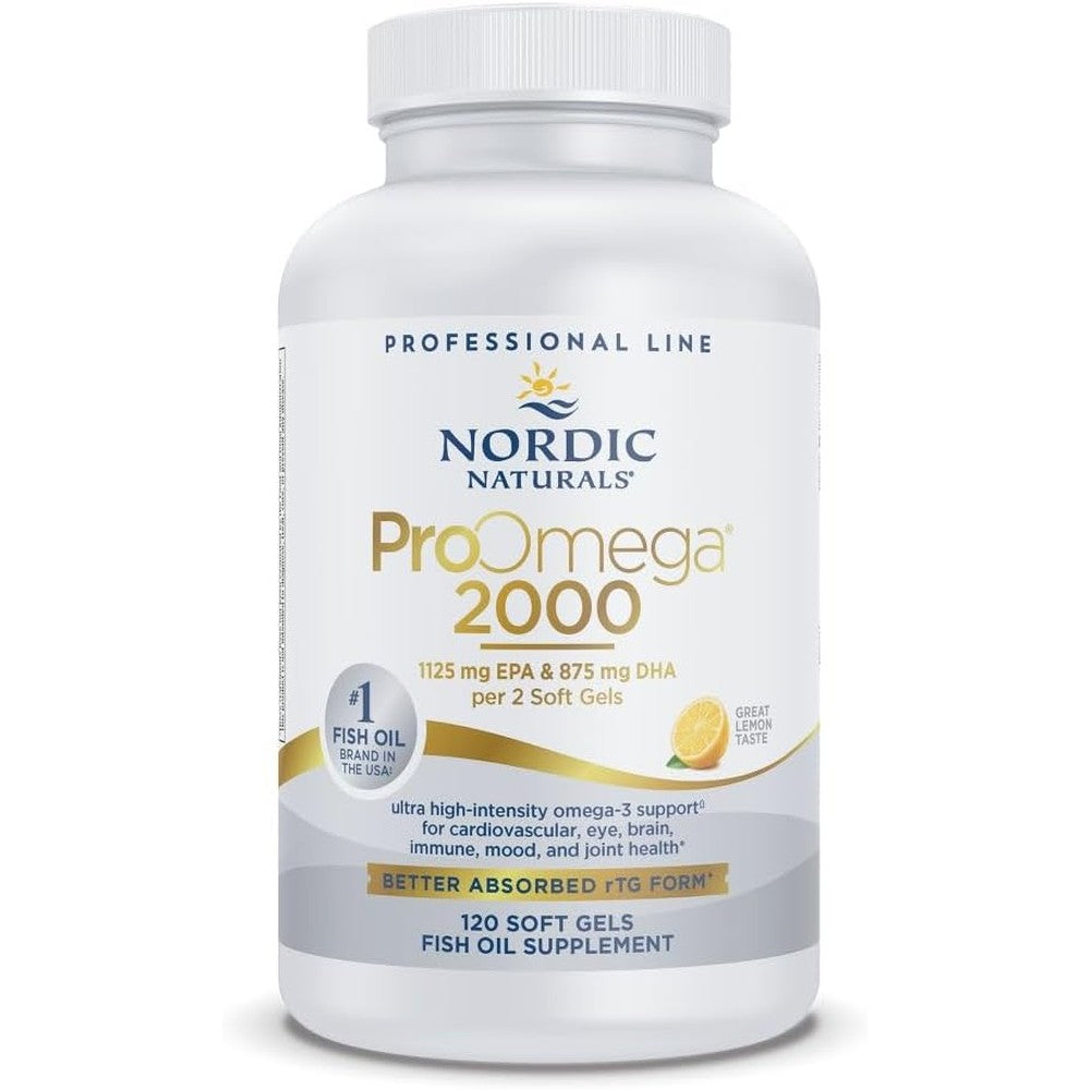 Nordic Naturals ProOmega 2000 Lemon Flavor 120 Soft Gels front view showcasing high potency fish oil packaging.