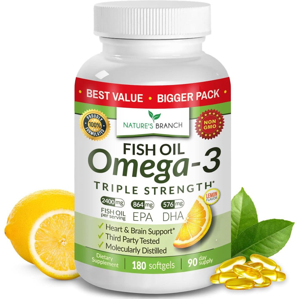Nature's Branch Triple Strength Omega 3 Fish Oil 180 softgels bottle front view for premium cardiovascular health support.