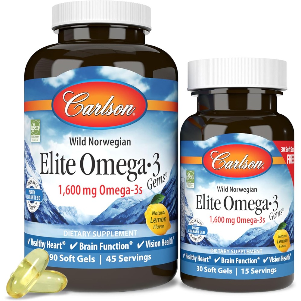 Carlson Elite Omega 3 Gems front bottle view showing premium imported fish oil capsules