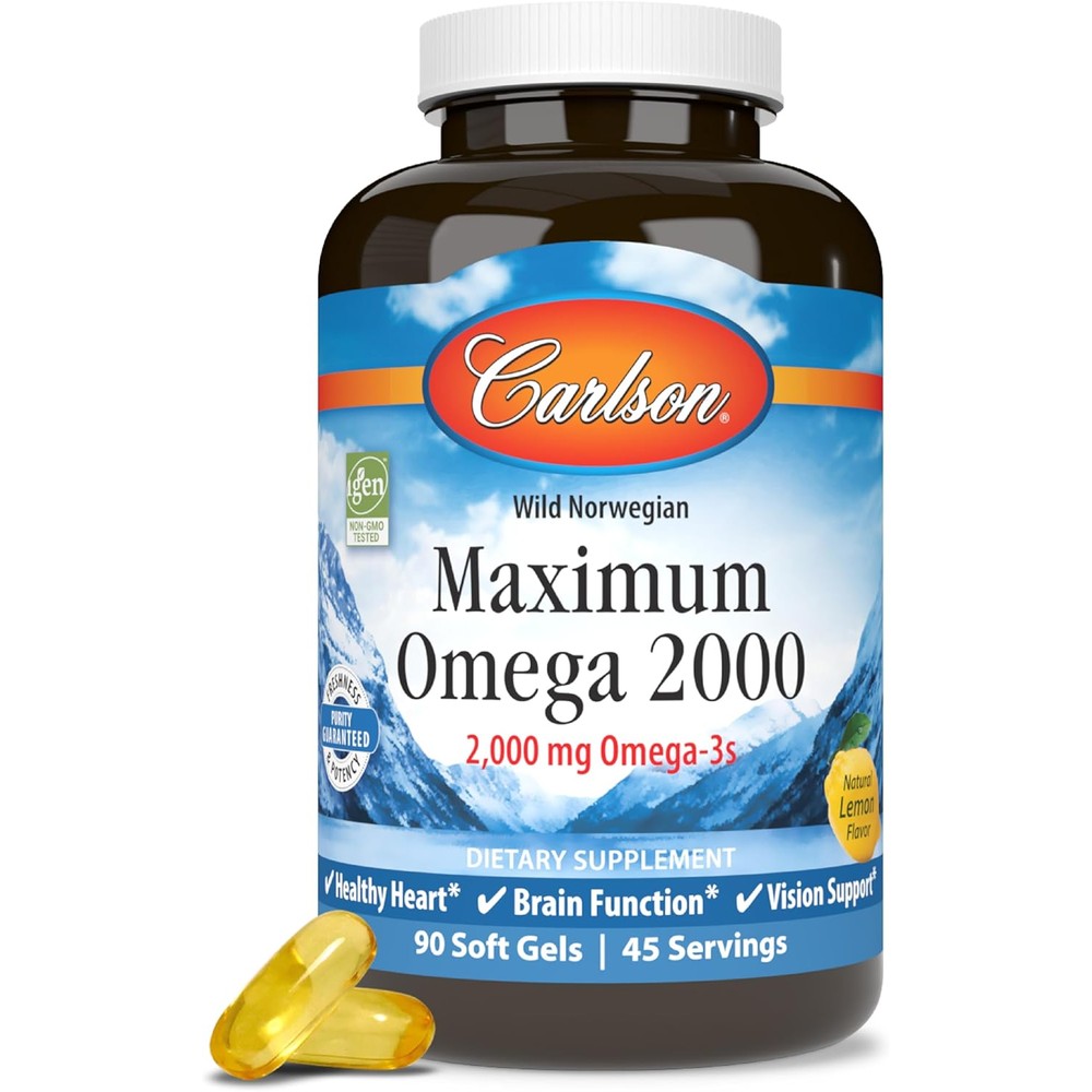 Carlson Labs Maximum Omega 2000 front view bottle showing 90 lemon softgels package.