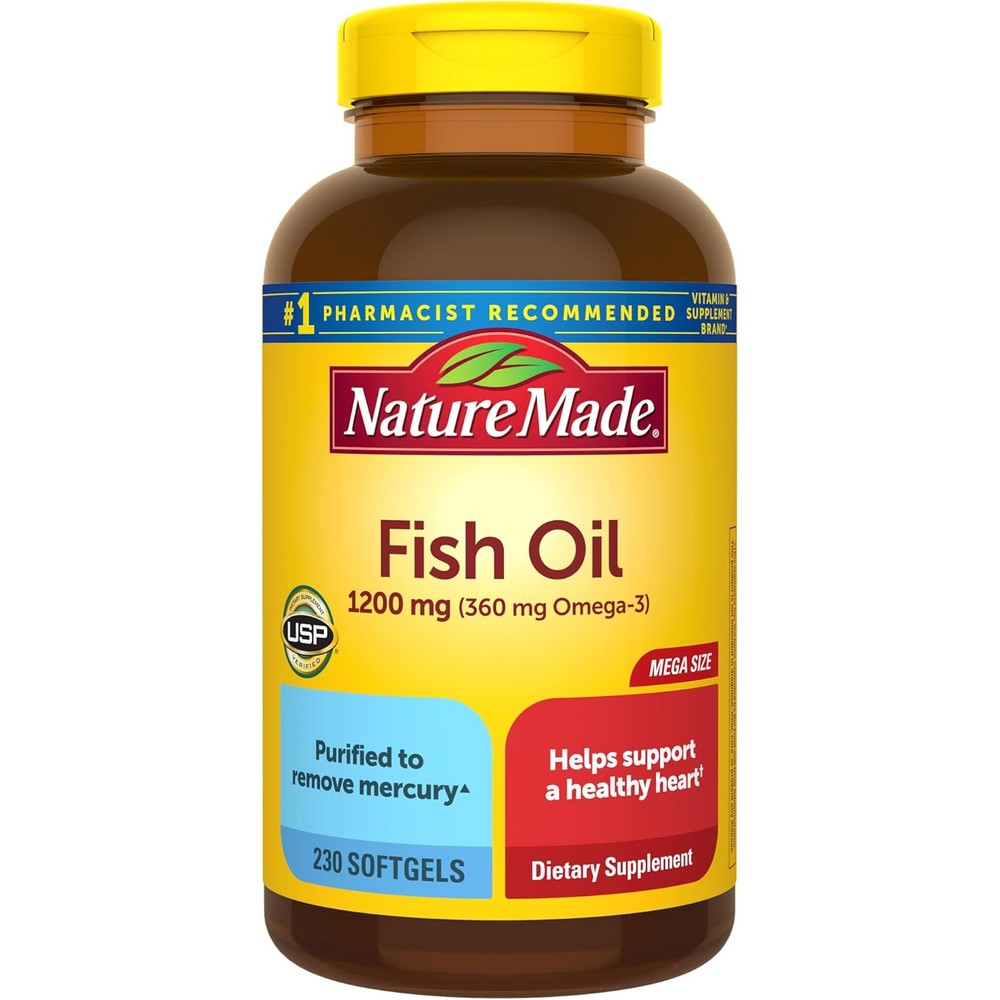 Nature Made Fish Oil 1200 Milligrams bottle front view showing 230 softgels for heart health support.