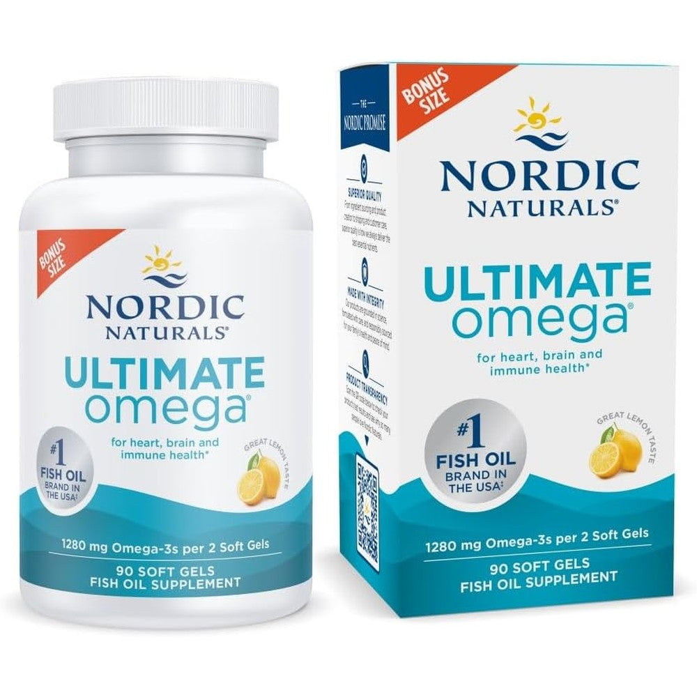 Nordic Naturals Ultimate Omega 90 softgels front bottle view authentic fish oil supplement
