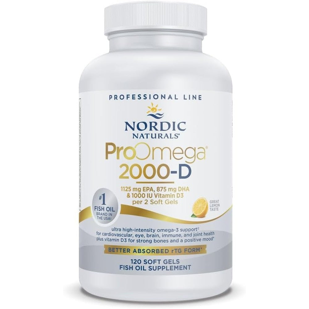 Nordic Naturals ProOmega 2000-D front bottle view with lemon flavor label