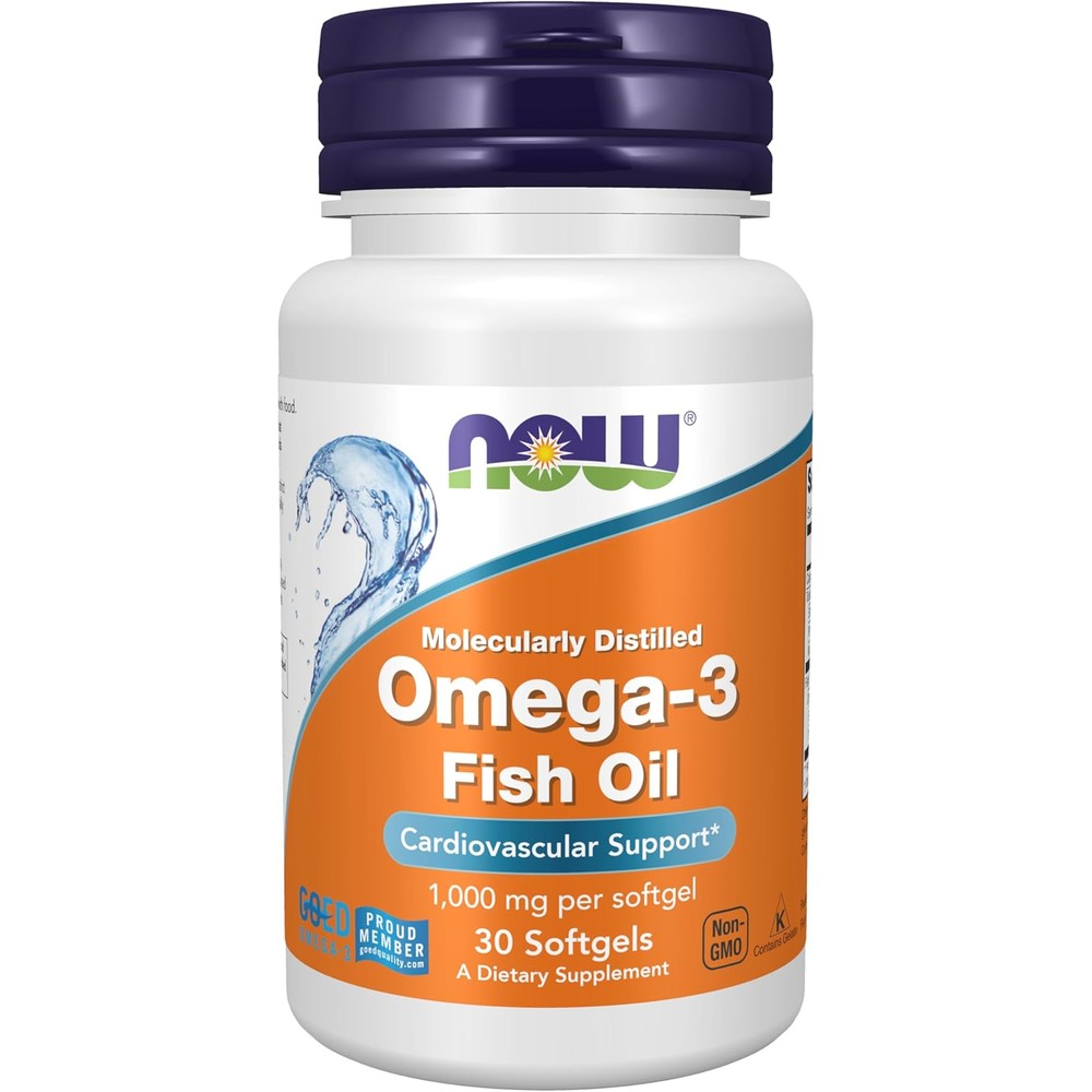 Now Foods Molecularly Distilled Omega 3 front bottle view with supplement branding.