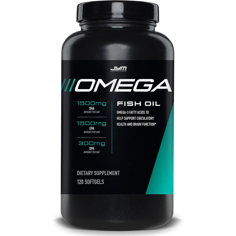 JYM Supplement Science Omega JYM Fish Oil 120 softgels bottle front view showcasing premium muscle recovery supplements in India.