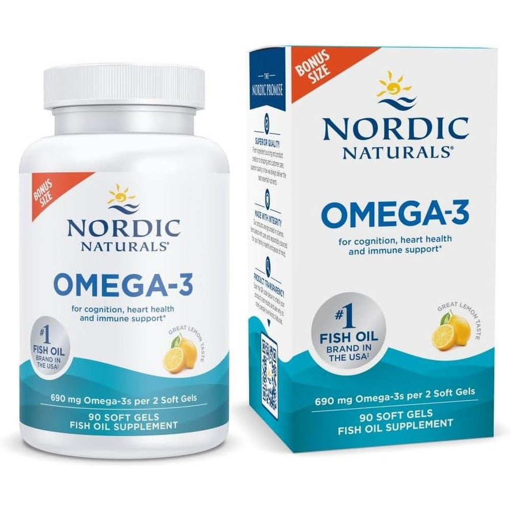 Nordic Naturals Omega 3 Lemon Flavor 90 Softgels front bottle view showing premium imported fish oil packaging.