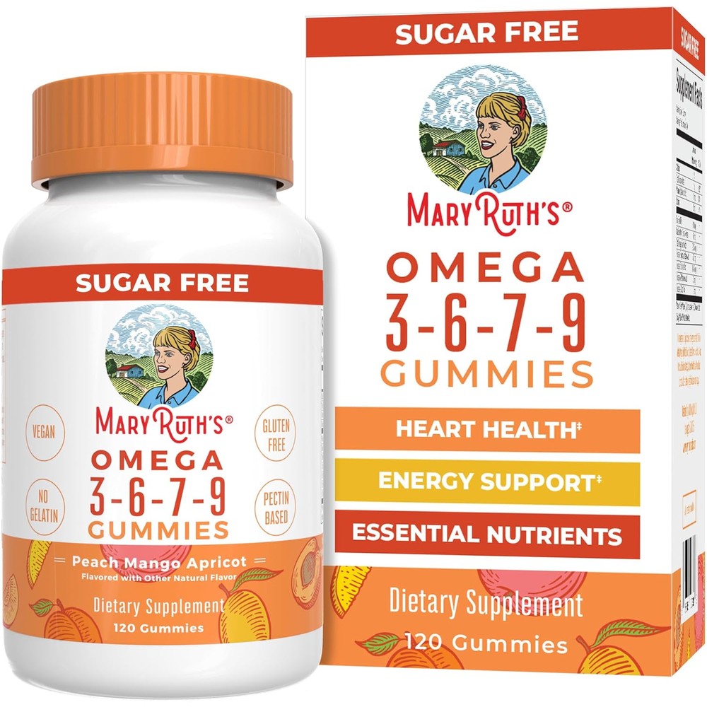 MaryRuth Organics Vegan Omega 3 6 7 9 Gummies 120 Count bottle front view showing product labels.