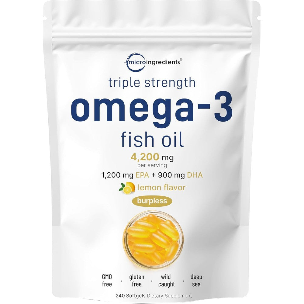Micro Ingredients Triple Strength Omega 3 Fish Oil 240 softgels front packaging pouch view