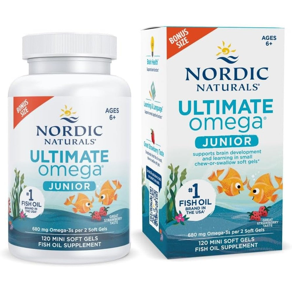 Nordic Naturals Ultimate Omega Junior strawberry flavor 120 softgels front bottle view kids omega three supplement
