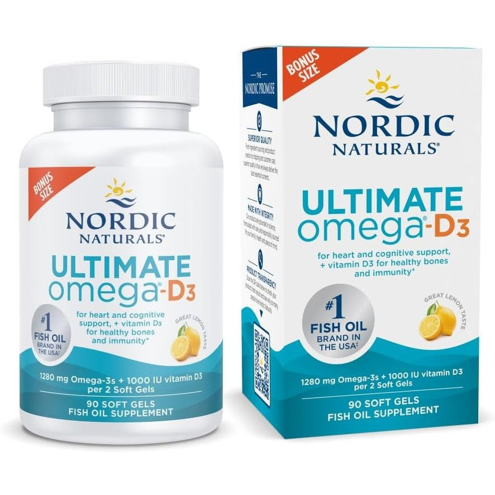 Nordic Naturals Ultimate Omega D3 Lemon 90 Softgels front bottle view showing high potency omega 3 supplement labels.