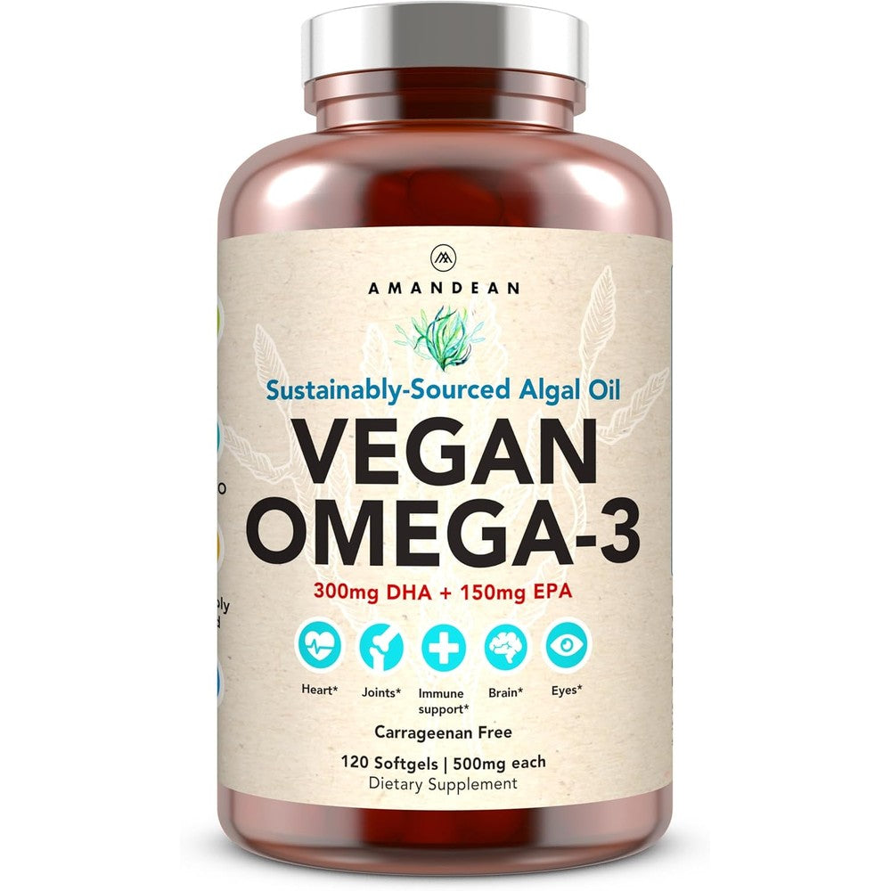 Amandean vegan omega 3 algal oil supplement bottle front view with cream botanical label