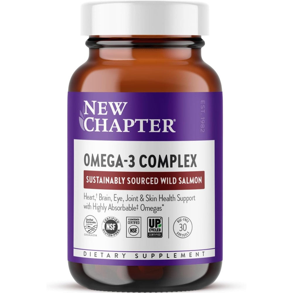 New Chapter Omega 3 Complex 1000 Milligram bottle front view showing authentic wild Alaskan salmon oil supplement.