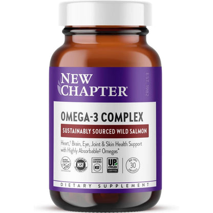 New Chapter Omega 3 Complex 1000 Milligram bottle front view showing authentic wild Alaskan salmon oil supplement.