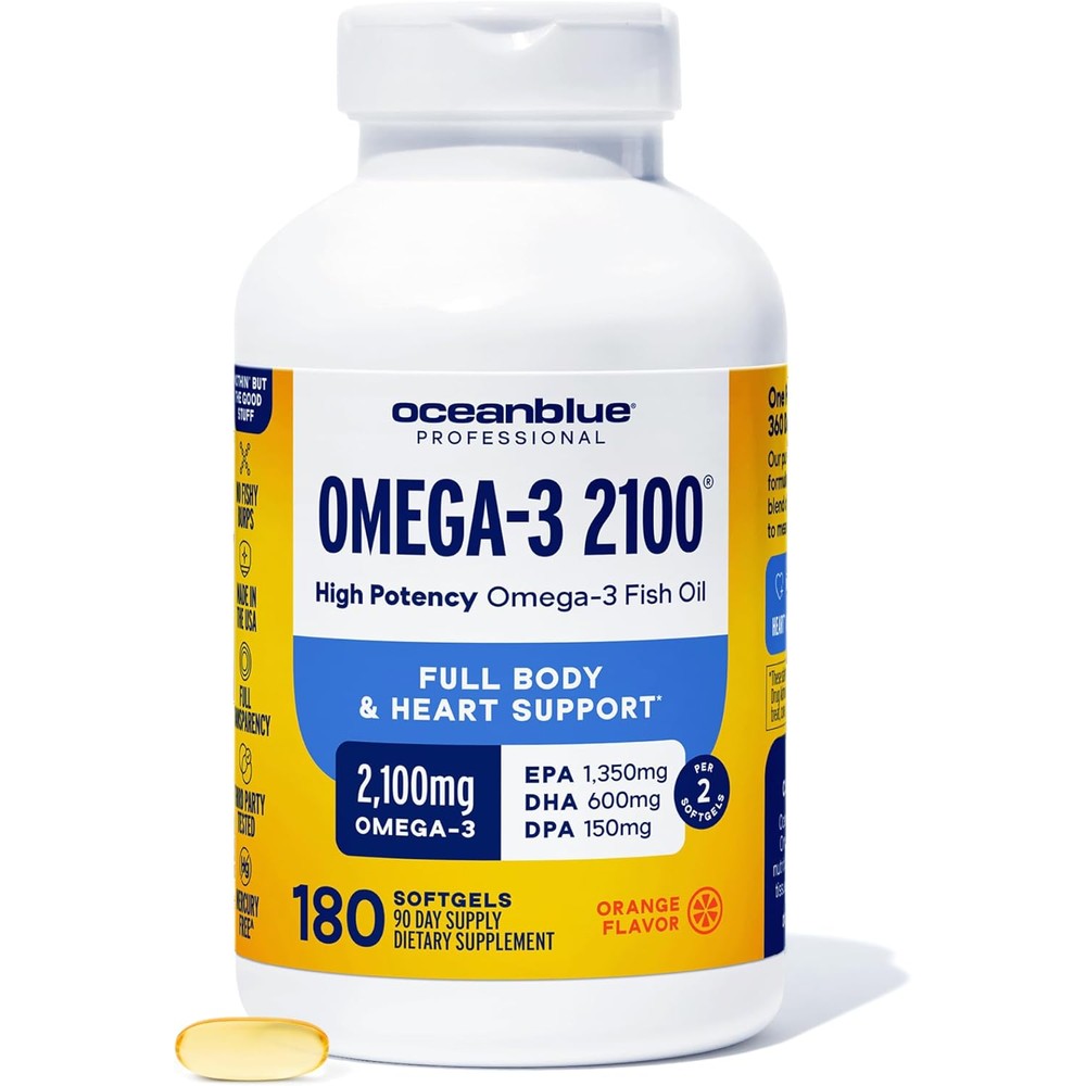 Ocean Blue Professional Omega 3 2100 Triple Strength 180 softgels front bottle view showing premium packaging.