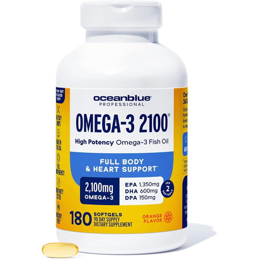 Ocean Blue Professional Omega 3 2100 Triple Strength 180 softgels front bottle view showing premium packaging.